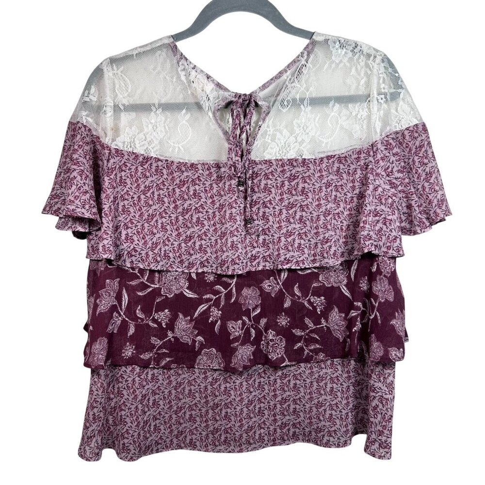 Mason & Belle Womens Floral Lace Yoke Layered Ruffle Top Burgundy & Cream Size L - Picture 3 of 8